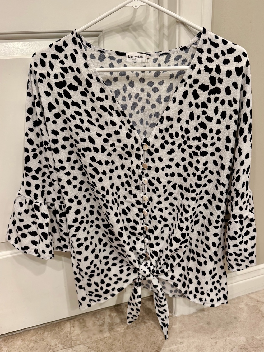 Leopard Print Tie Front Blouse Bell Sleeve Top size S NWOT